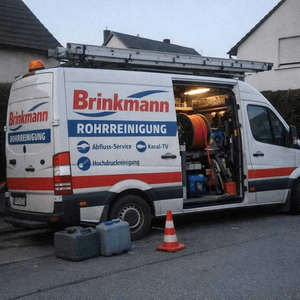 Einsatzfahrzeug mit Schlaucheinheit steht vor einem Einfamilienhaus am Straßenrand